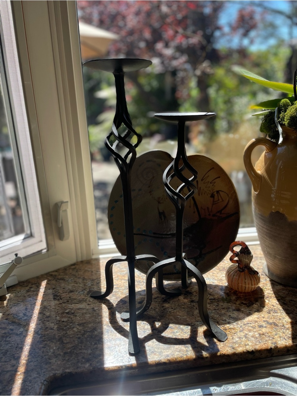 Set 2 PIER 1 Twisted Basket Wrought Iron Matte Black Brn Candle Holders 18”&15”